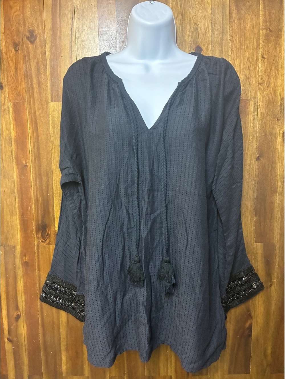 Soft Surroundings M Navy Boho Beaded Tassel Peasant Tunic Top Embroidered